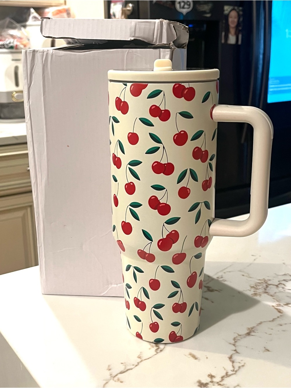 Cherry Print Cream Travel Mug with Handle